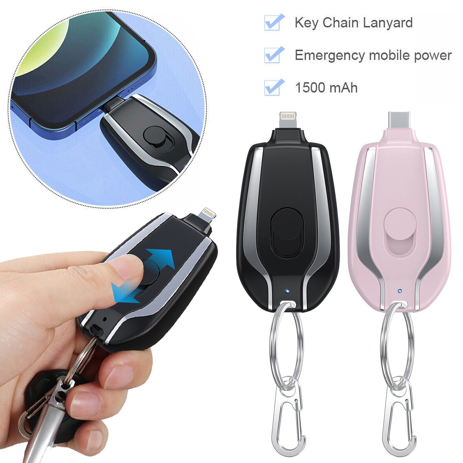 Mini Keychain Power Bank 1500Mah Battery for Iphone Android Phone Portable USA