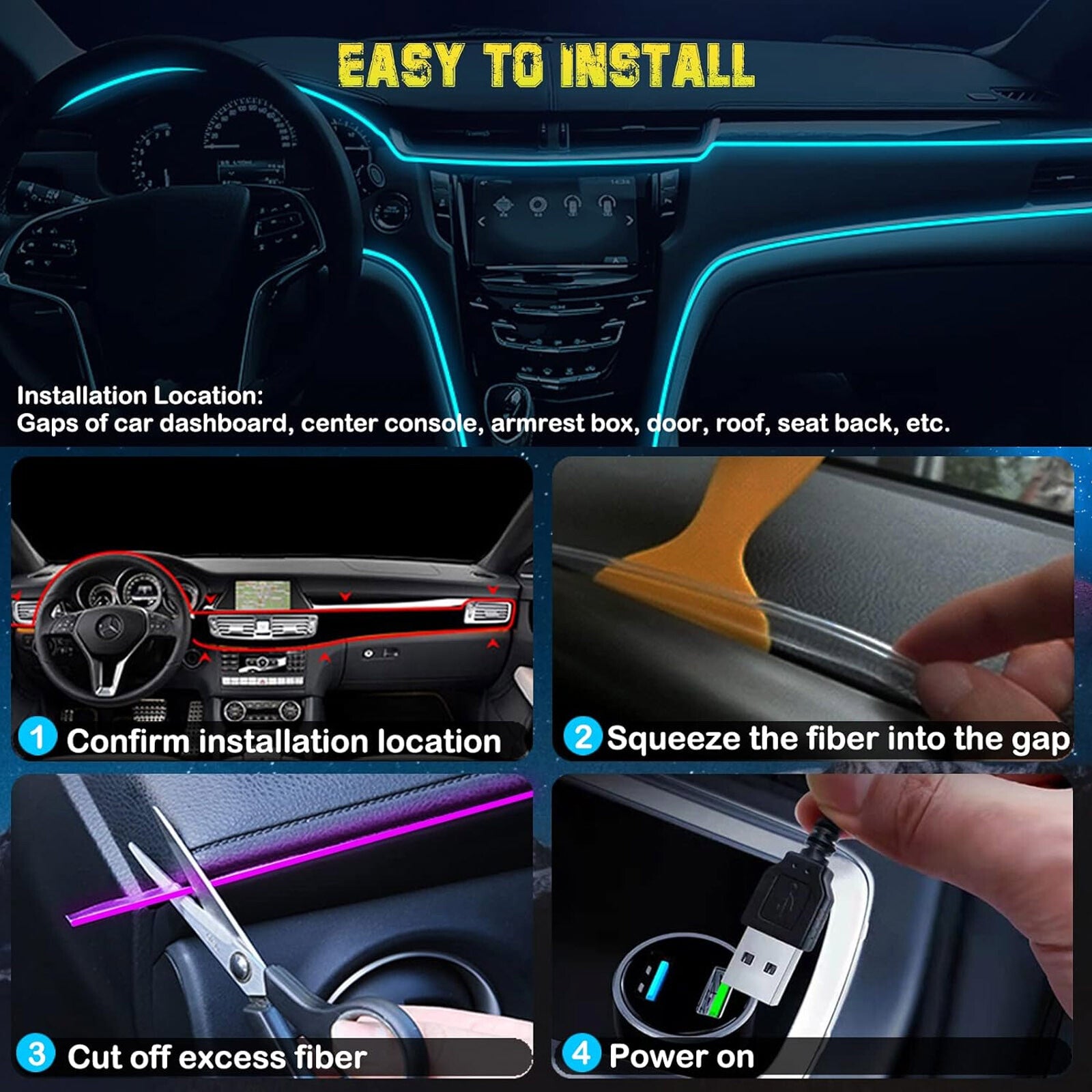LED Neon Light Trim Glow Optic Fiber Strip Car Interior Ambient Lighting Kit NEW